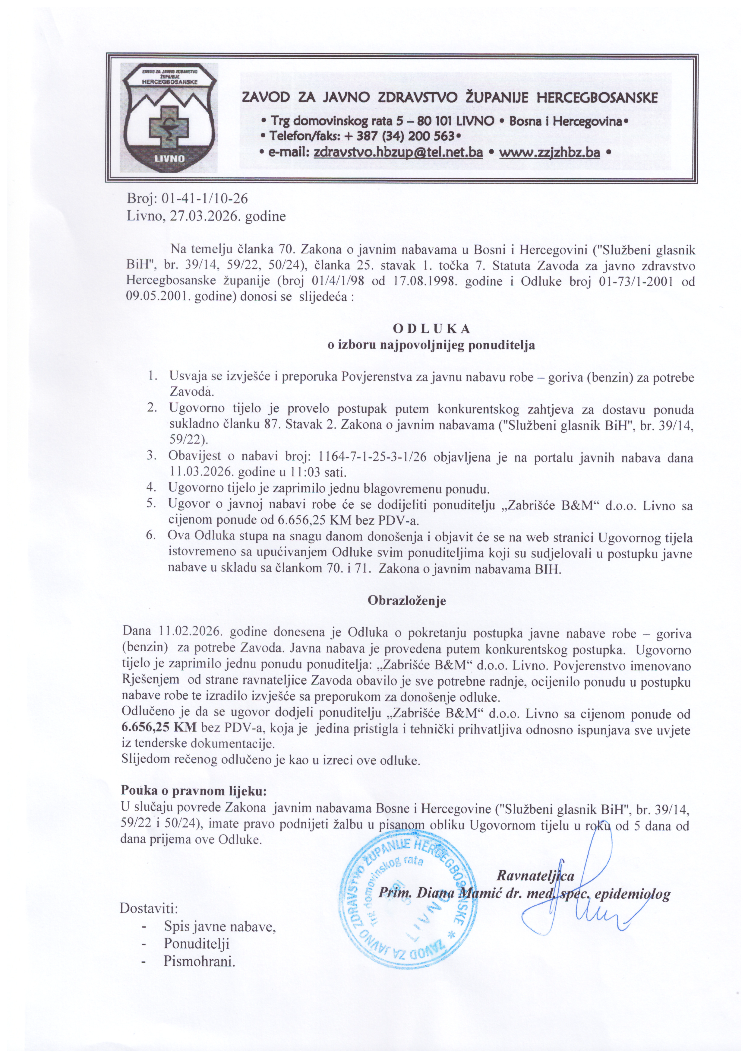 Odluka o izboru najpovoljnijeg ponuditelja