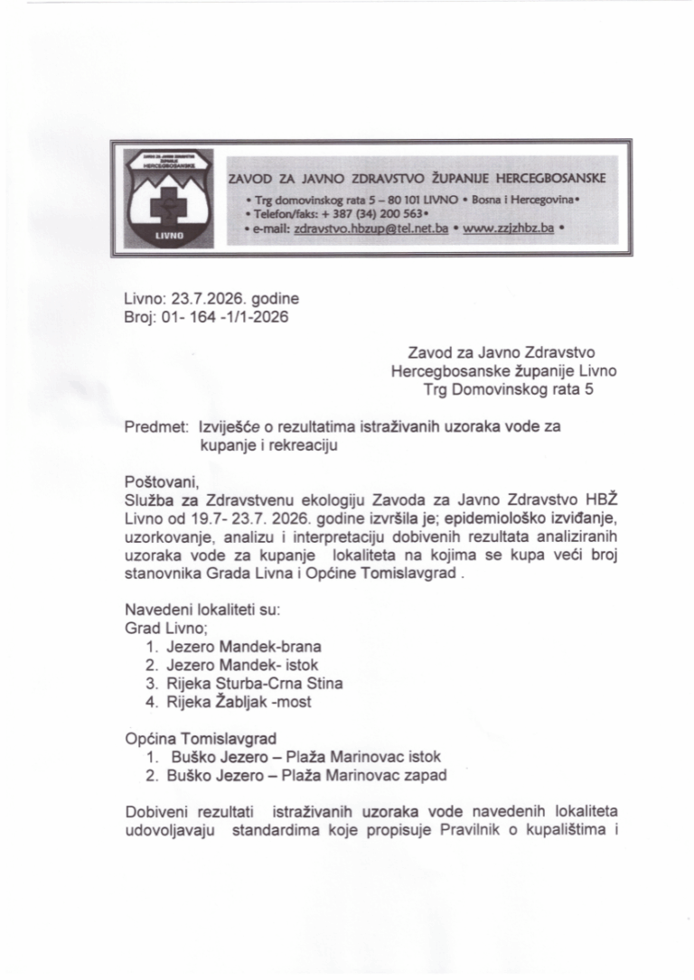 Izviješće o rezultatima istraživanih uzoraka vode za kupanje i rekreaciju